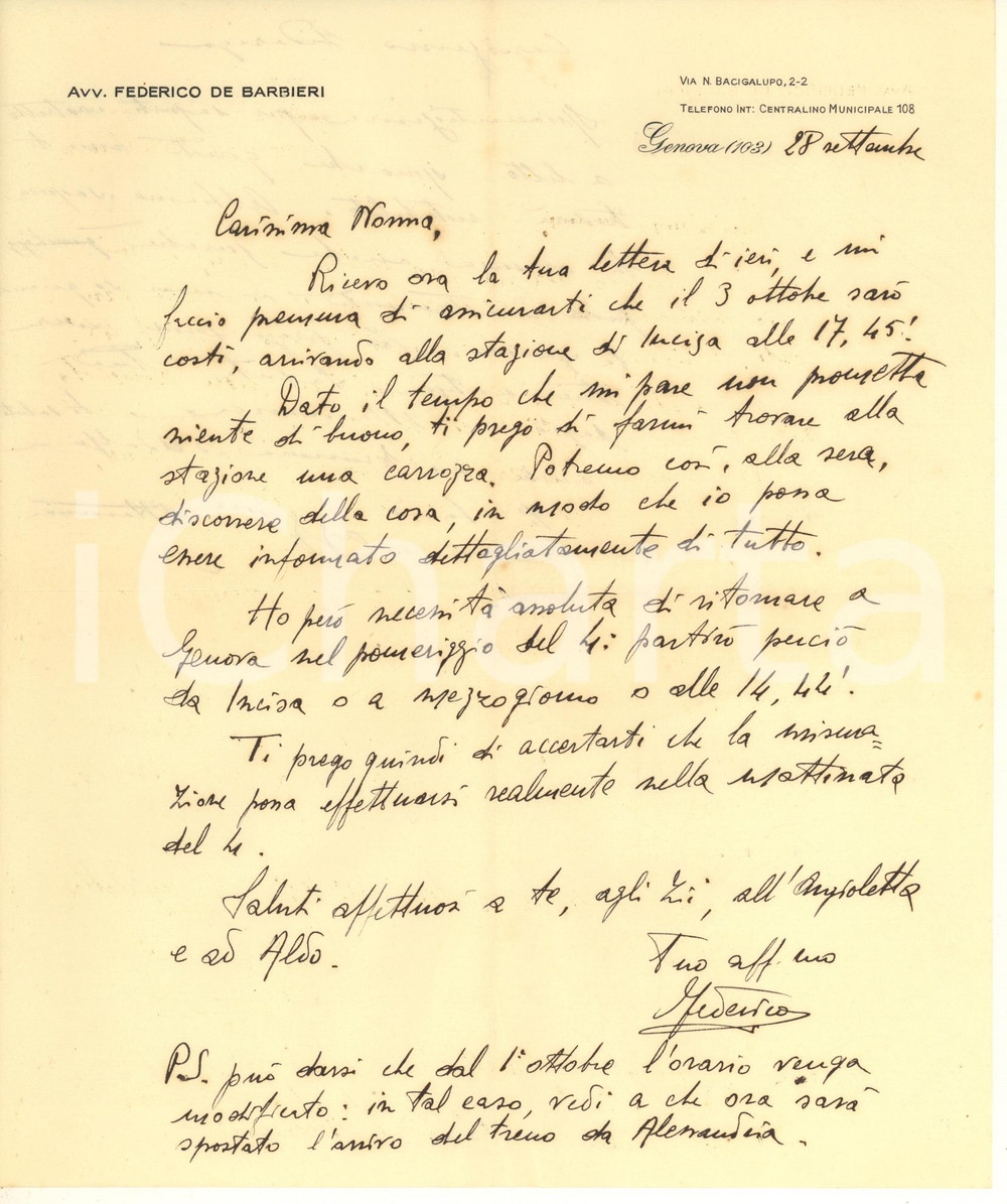 Manoscritto, lettera originale 1910 ca GENOVA Avv. Federico DE BARBIERI  Carrozza per maltempo Autografo 1