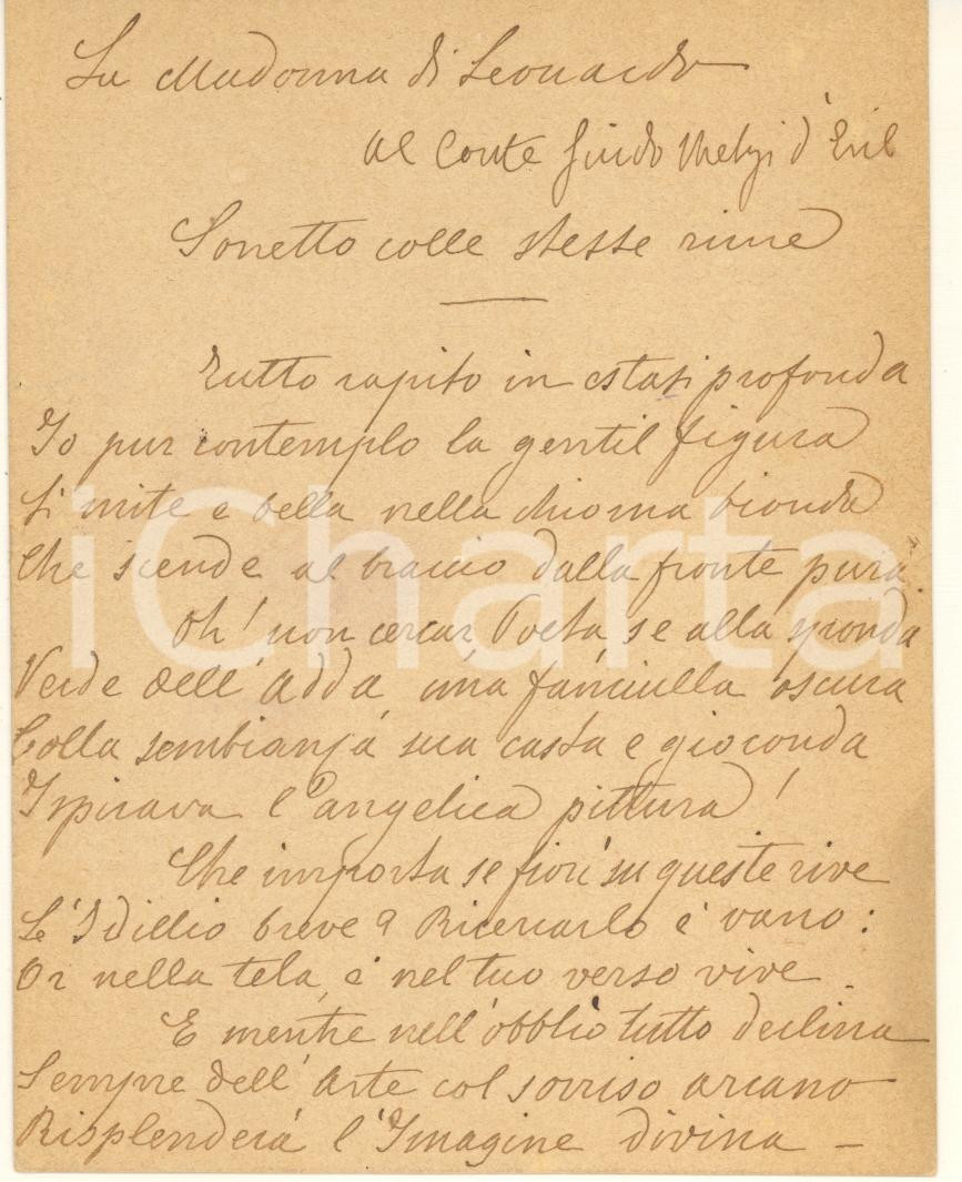 Manoscritto, lettera originale 1902 FARA GERA D ADDA Sonetto dr. Giulio GIUMELLI  Madonna Leonardo Autografo 1