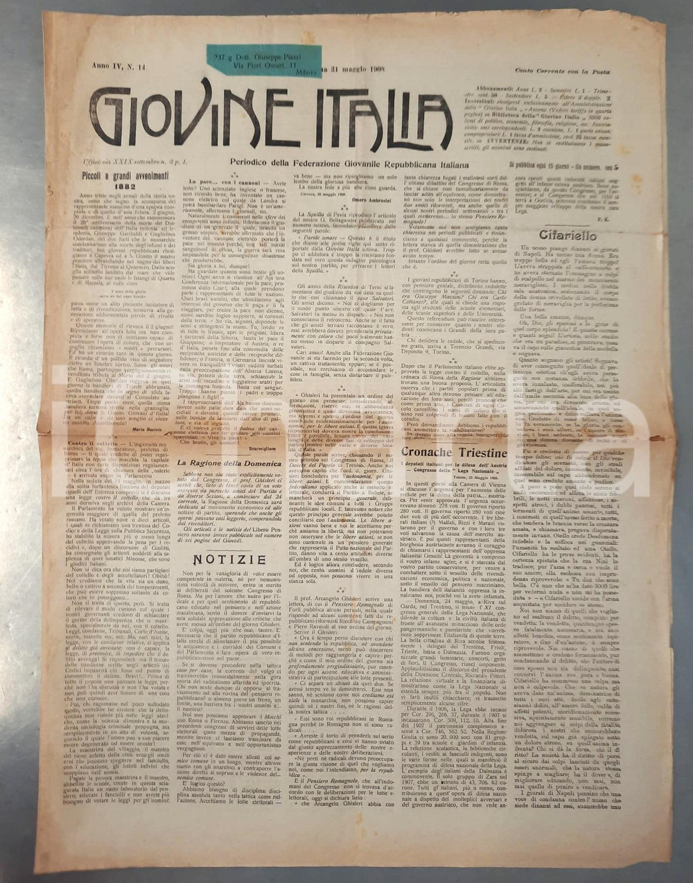 Giornale, rivista storica 1908 ANCONA GIOVINE ITALIA Processo scultore Cifariello per omicidio moglie 1
