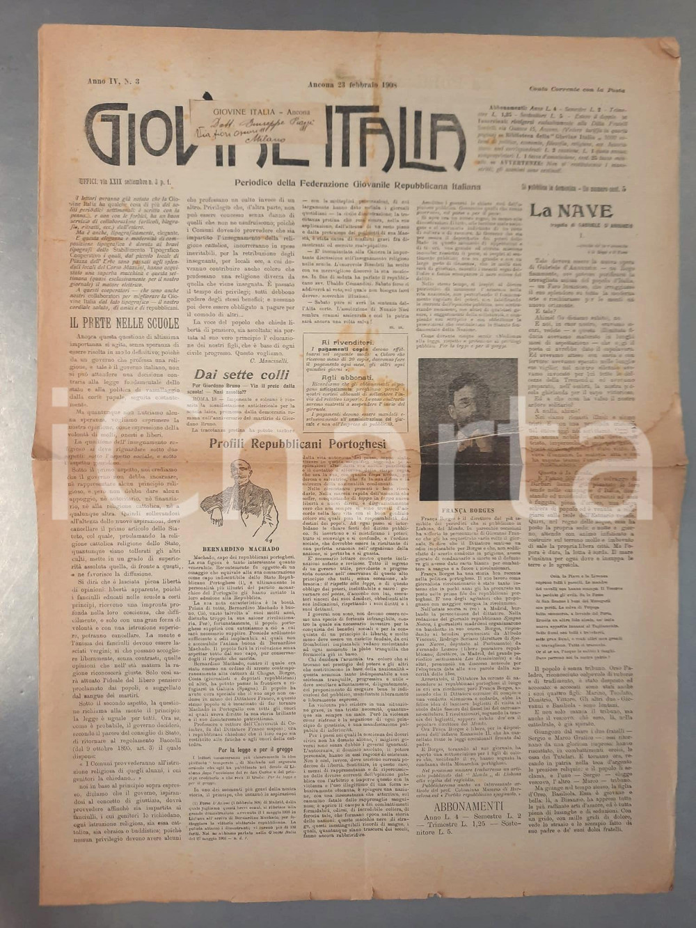 Giornale, rivista storica 1908 ANCONA GIOVINE ITALIA Repubblicani portoghesi  La nave di D Annunzio 1