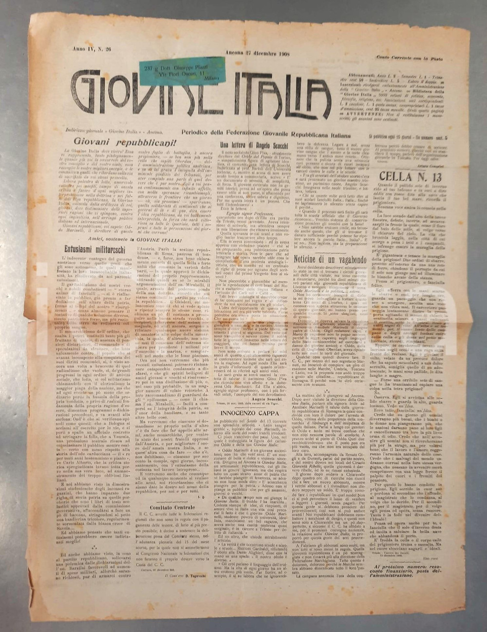 Giornale, rivista storica 1908 ANCONA GIOVINE ITALIA Legge sulla paternità  Indecente contegno austriaco 1