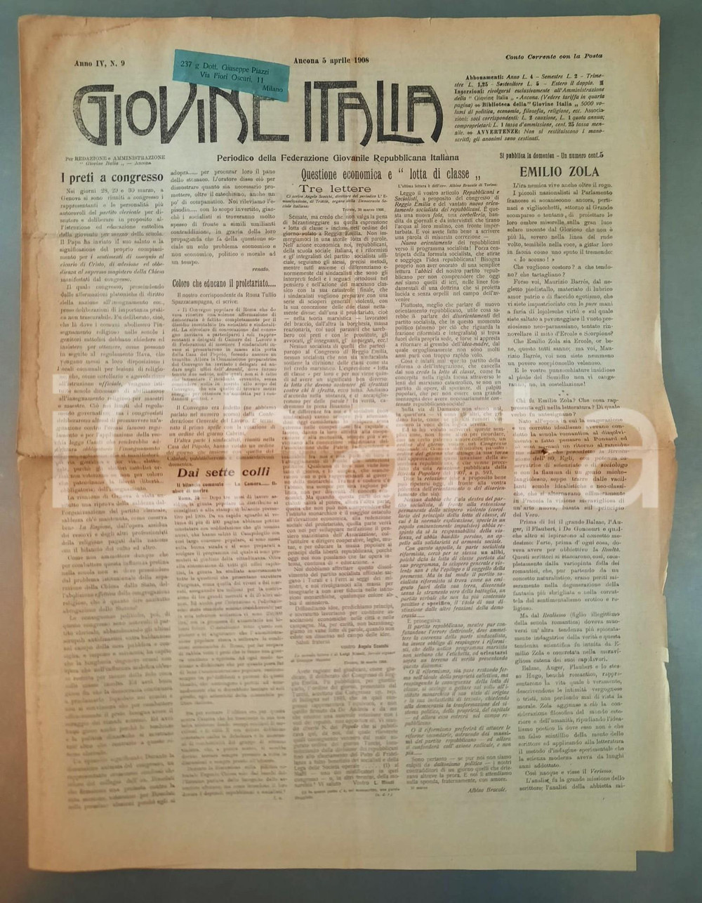 Giornale, rivista storica 1908 ANCONA GIOVINE ITALIA Congresso cattolico di Genova  Emile Zola Giornale 1