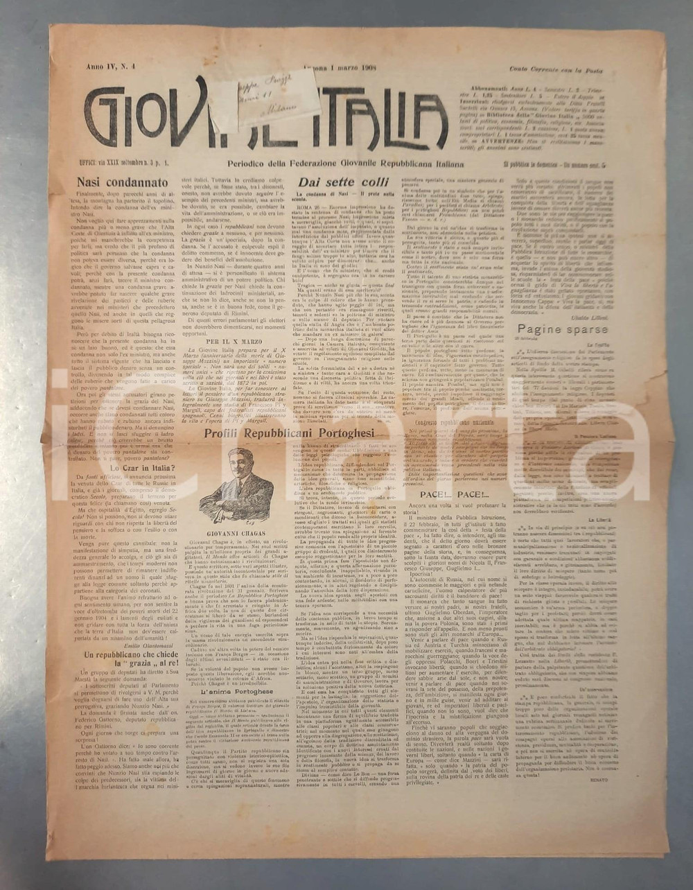 Giornale, rivista storica 1908 ANCONA GIOVINE ITALIA João CHAGAS repubblicano portoghese Giornale 1