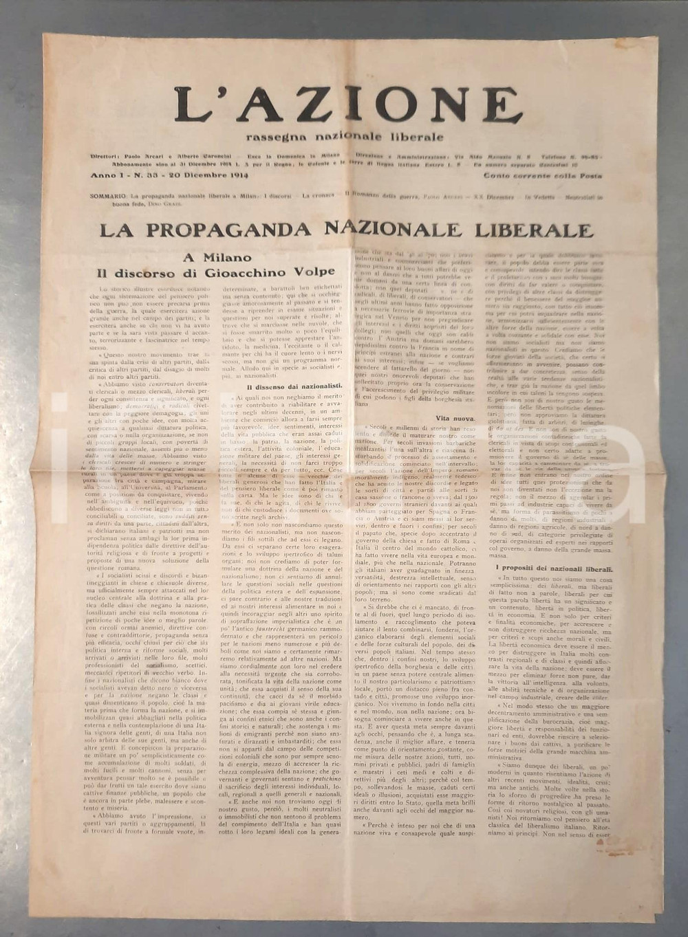 Giornale, rivista storica 1914 L AZIONE Propaganda liberale: Gioacchino Volpi a Milano Giornale 1