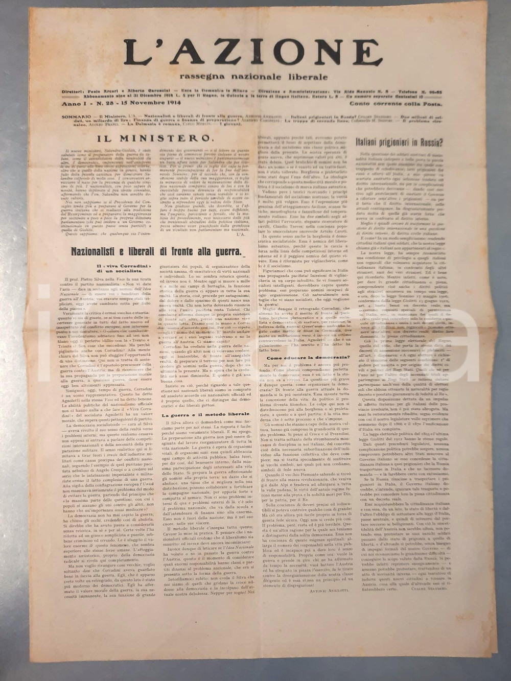Giornale, rivista storica 1914 L AZIONE Problema Cirenaica  Italiani prigionieri in Russia? Giornale 1
