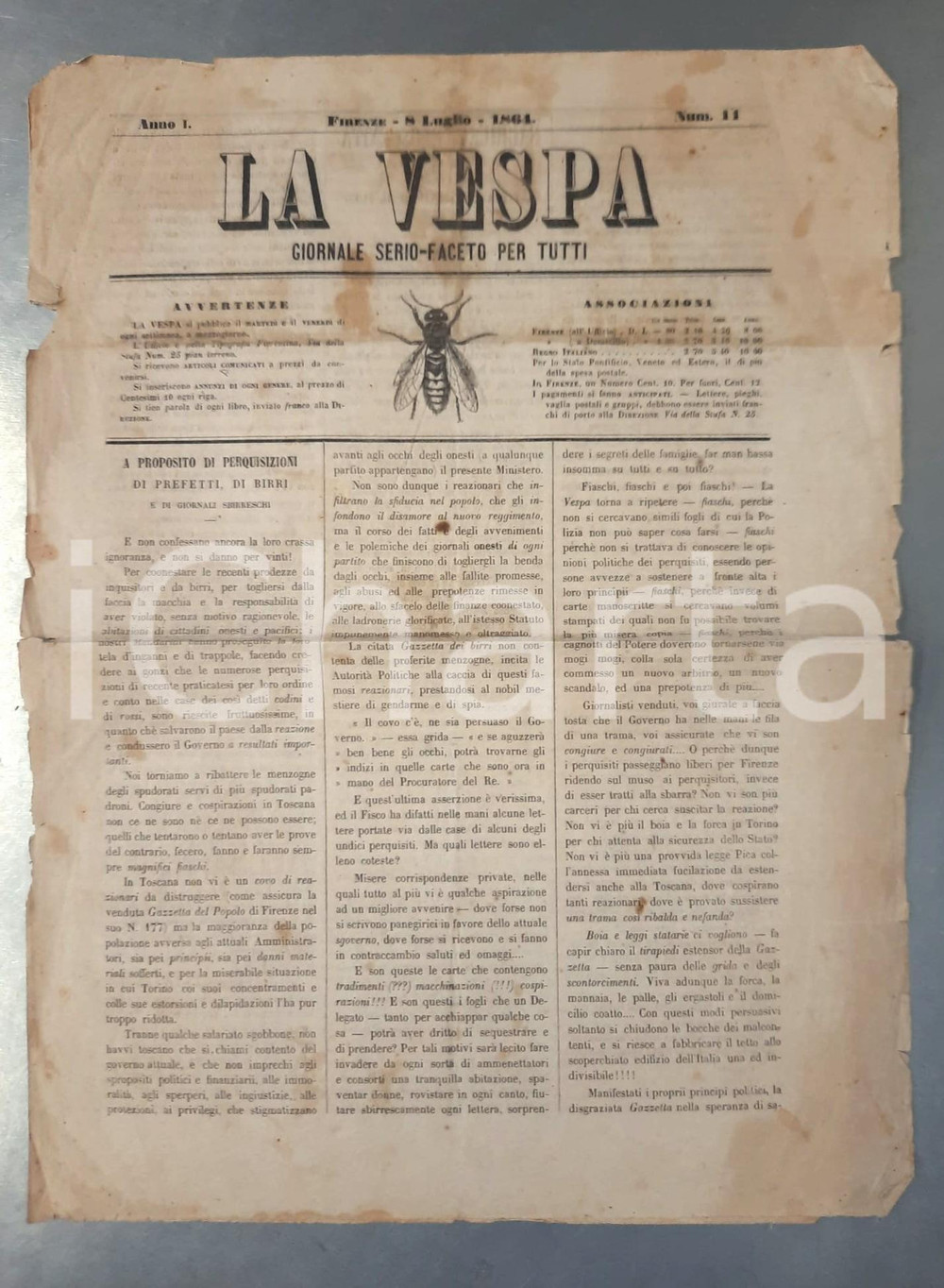 Giornale, rivista storica 1864 FIRENZE  LA VESPA  Perquisizioni e giornali sbirreschi Giornale satirico 1
