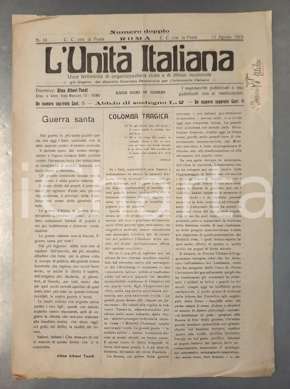 Giornale, rivista storica 1915 L UNITA  ITALIANA Eugenio Vajna di Pava  Comitato Per la Nostra Italia 1