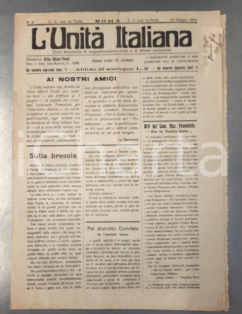 Giornale, rivista storica 1915 L UNITA  ITALIANA  Gruppo mazziniano di azione a Torino Giornale femminile 1