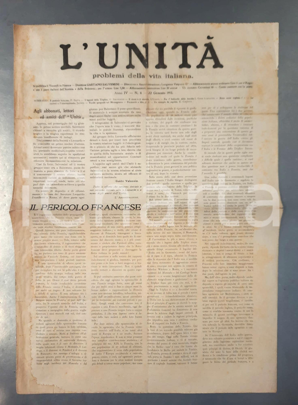 Giornale, rivista storica 1915 L UNITA  Per l italianità delle banche?  Pericolo francese Giornale 1