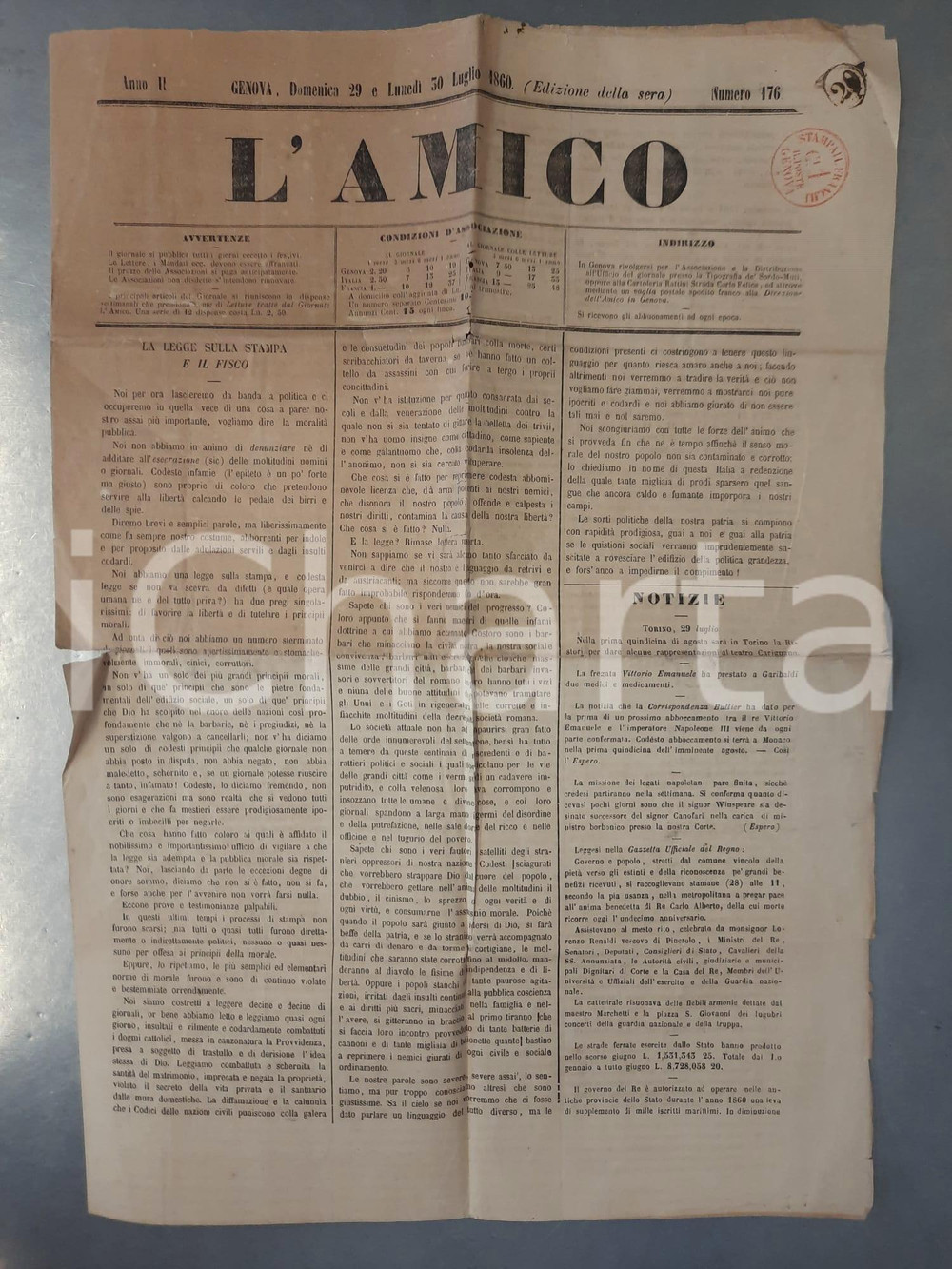 Giornale, rivista storica 1860 GENOVA  L AMICO  La legge sulla stampa e il fisco Giornale RARO 1