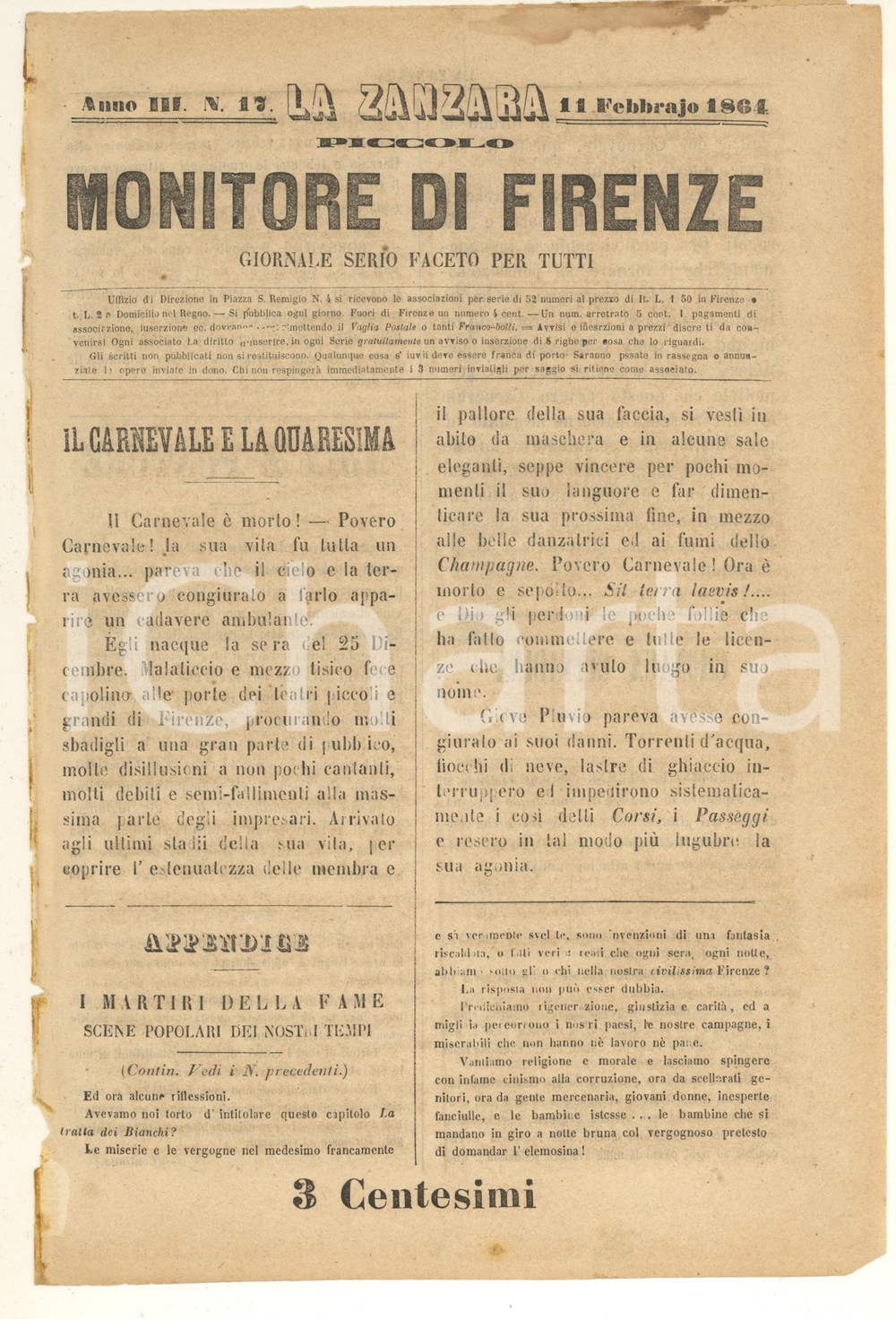Giornale, rivista storica 1864 PICCOLO MONITORE DI FIRENZE  Ulisse Diligenti editore indagato Giornale 1