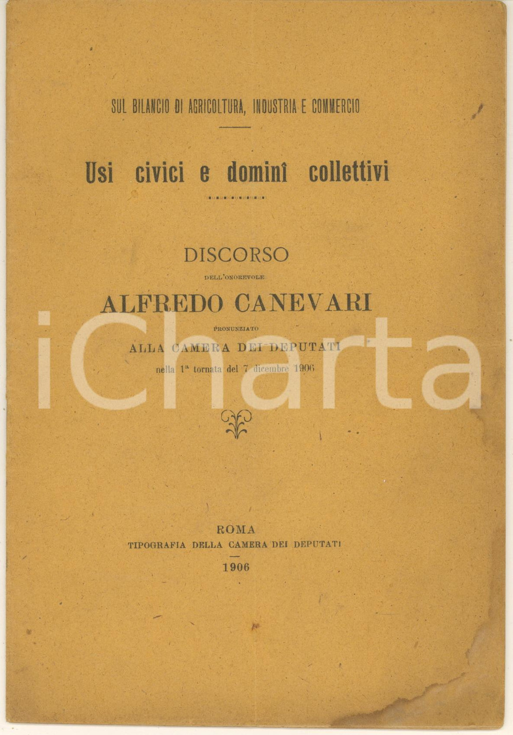 Libro, pubblicazione d epoca 1906 Discorso on. Alfredo CANEVARI alla Camera  Usi civici e domini collettivi 1