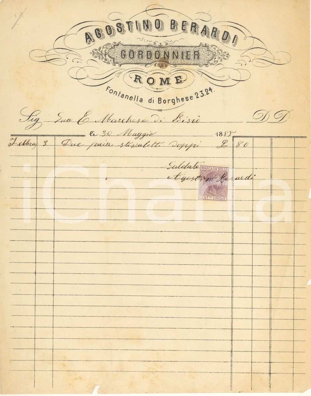 Documento originale, autentico 1885 ROMA Fontanella di Borghese 2324  Agostino BERARDI calzolaio  Fattura 1