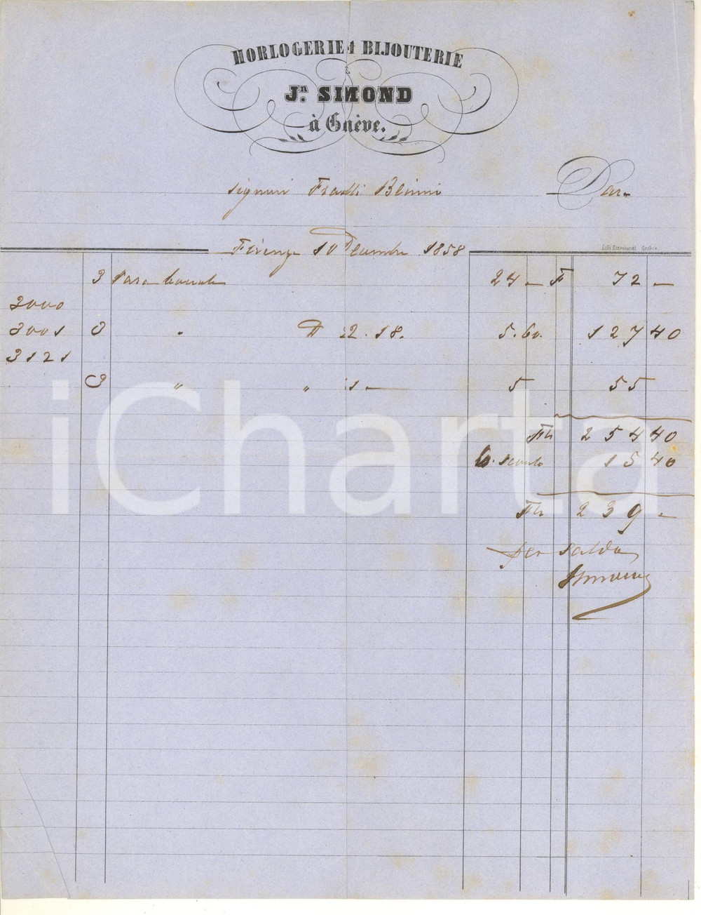 Documento originale, autentico 1858 FIRENZE  J. SIMOND Horlogerie et bijouterie à Genève  Fattura 1