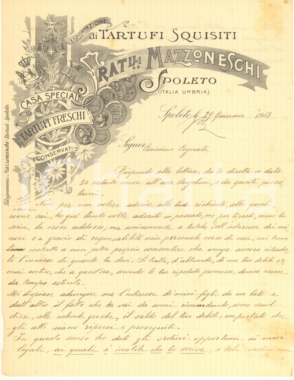 Documento originale, autentico 1913 SPOLETO Fratelli MAZZONESCHI tartufi  Lettera di Alfredo MAZZONESCHI 1