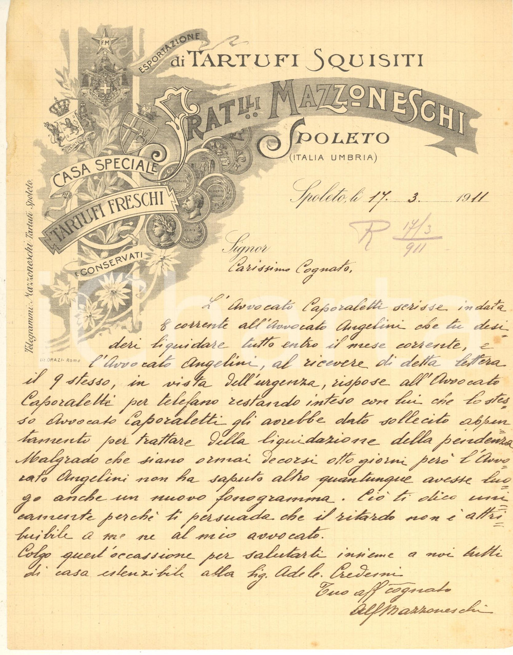 Documento originale, autentico 1911 SPOLETO Fratelli MAZZONESCHI tartufi  Lettera di Alfredo MAZZONESCHI 1