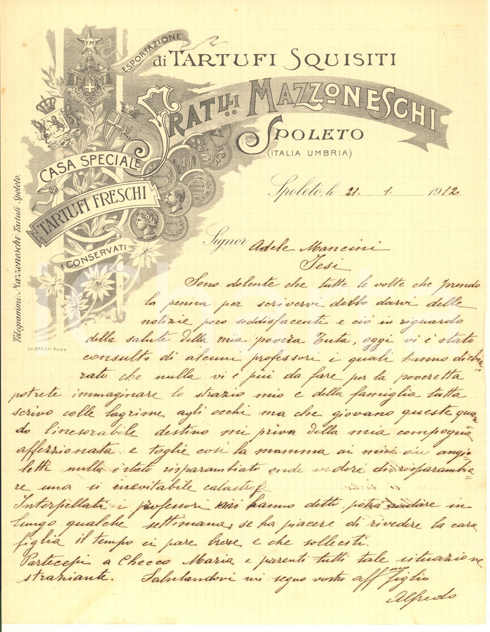 Documento originale, autentico 1912 SPOLETO Fratelli MAZZONESCHI tartufi  Lettera Alfredo MAZZONESCHI 1