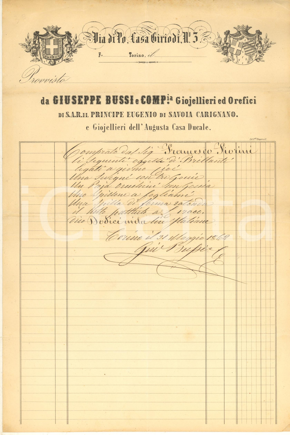 Documento originale, autentico 1864 TORINO Via Po CASA GIRIODI  Giuseppe BUSSI gioiellieri e orefici Fattura 1
