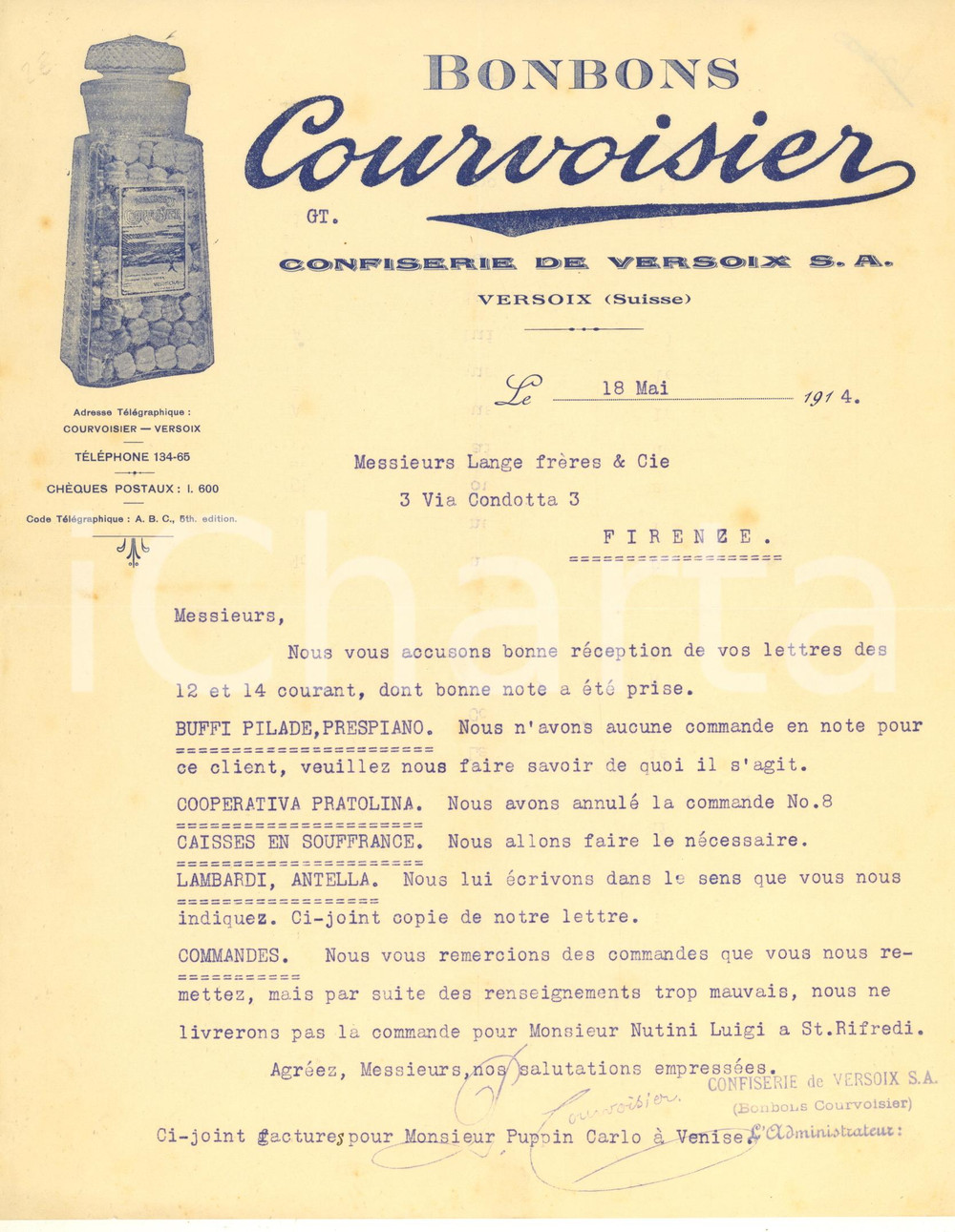 Documento originale, autentico 1914 VERSOIX SUISSE Bonbons CORVOISIER Confiserie  Lettera commerciale 1