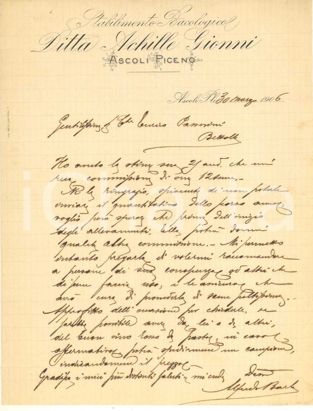 Documento originale, autentico 1906 ASCOLI PICENO Achille GIONNI Stabilimento Bacologico Lettera Alfredo BARLA 1
