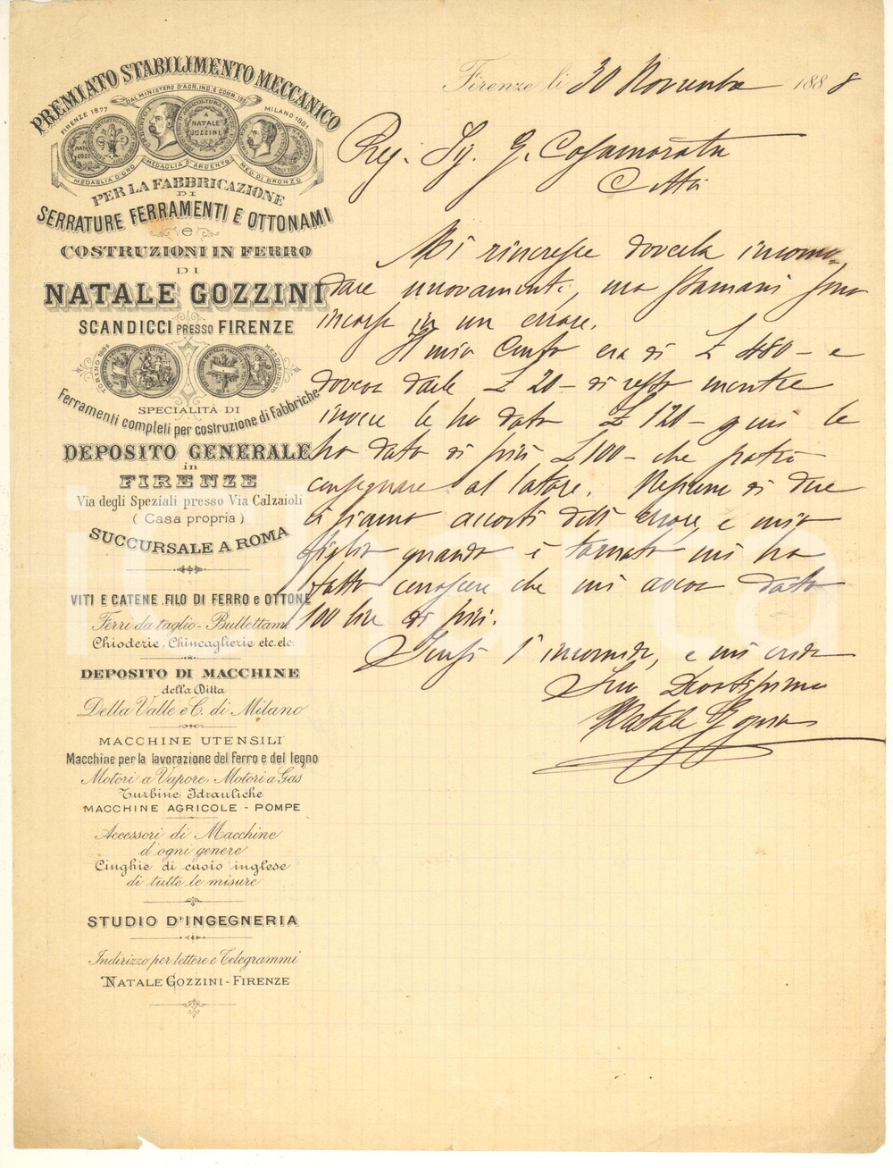 Documento originale, autentico 1888 FIRENZE Natale GOZZINI fabbrica serrature e ferramenti Lettera commerciale 1