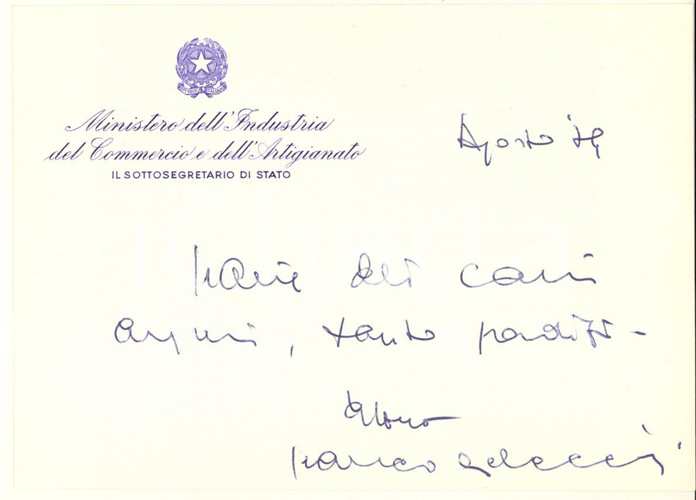 Autografo originale 1979 ROMA Francesco REBECCHINI Sottosegretario Ministero Industria  AUTOGRAFO 1