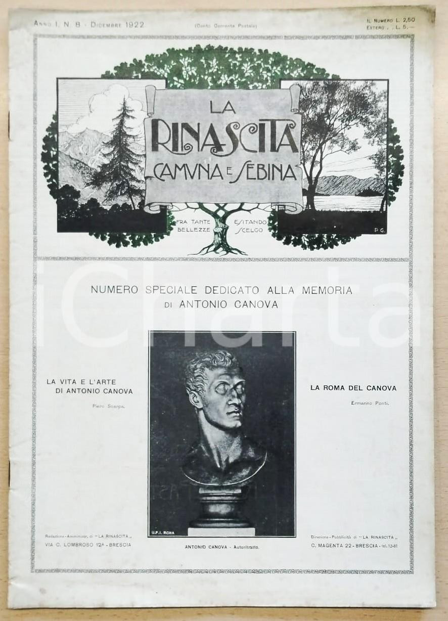 Giornale, rivista storica 1922 RINASCITA CAMUNA E SEBINA Numero dedicato ad Antonio CANOVA Anno I n. 8 1