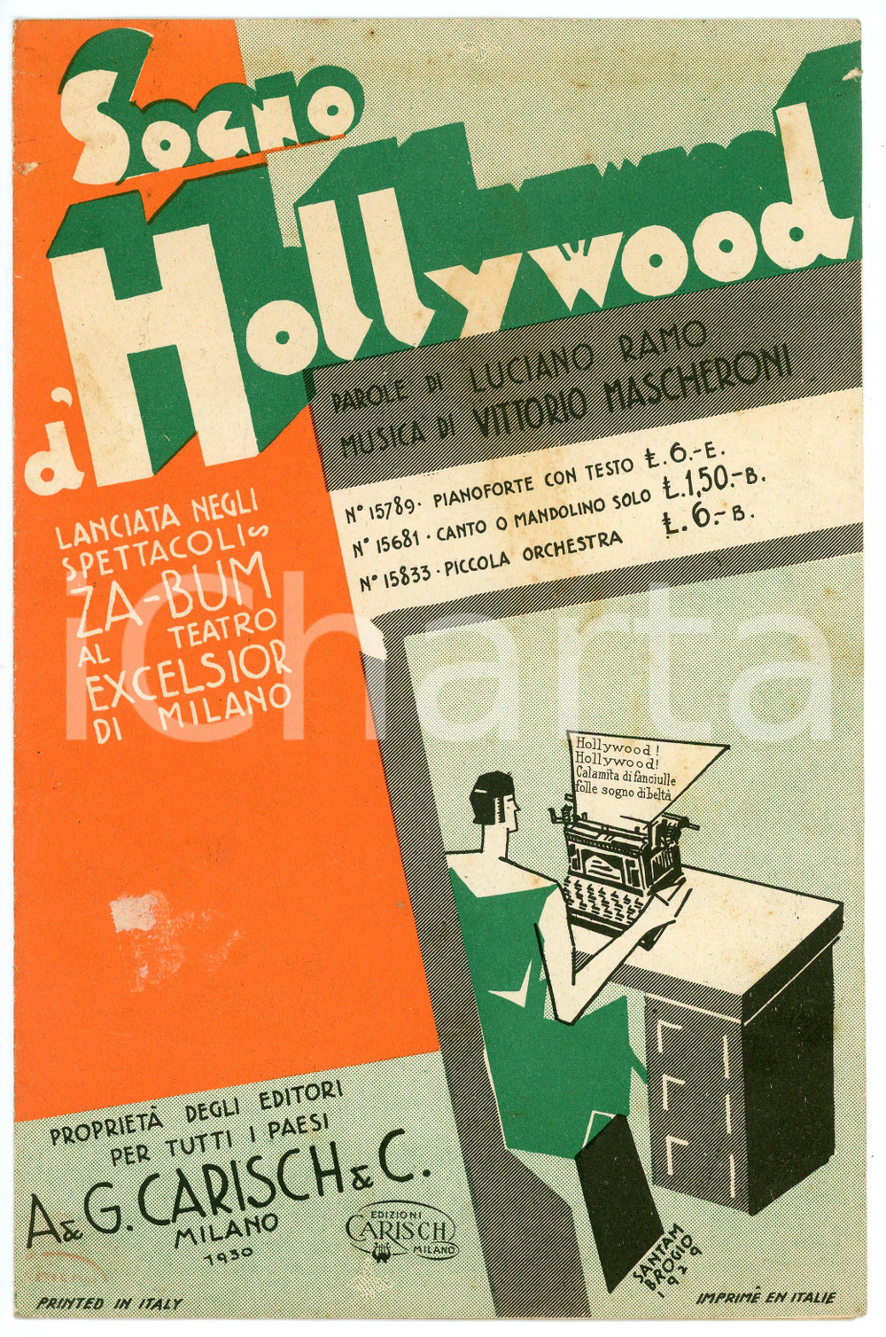 Oggetto da collezione cartaceo 1930 Luciano RAMO Vittorio MASCHERONI Sogno d Hollywood Spartito GARISCH 1