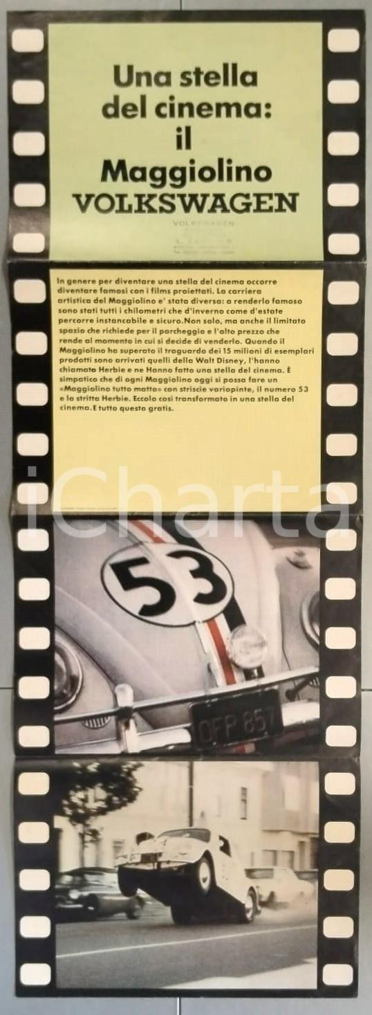 Materiale pubblicitario d’epoca 1970 ca VOLKSWAGEN Maggiolino stella del cinema  Pieghevole HERBIE 30x84 cm 1