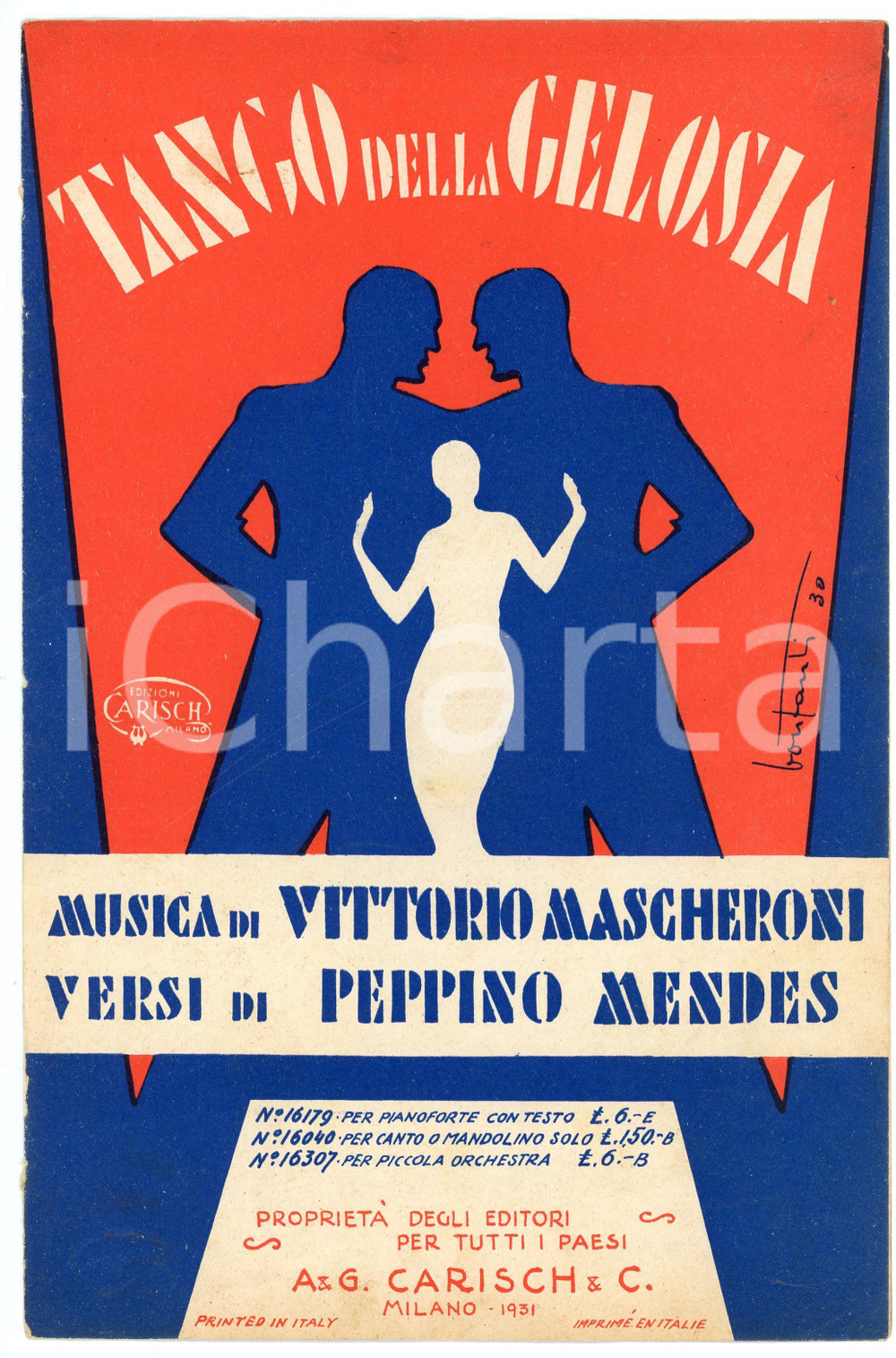 Oggetto da collezione cartaceo 1931 Vittorio MASCHERONI Peppino MENDES Tango della gelosia  Spartito GARISCH 1