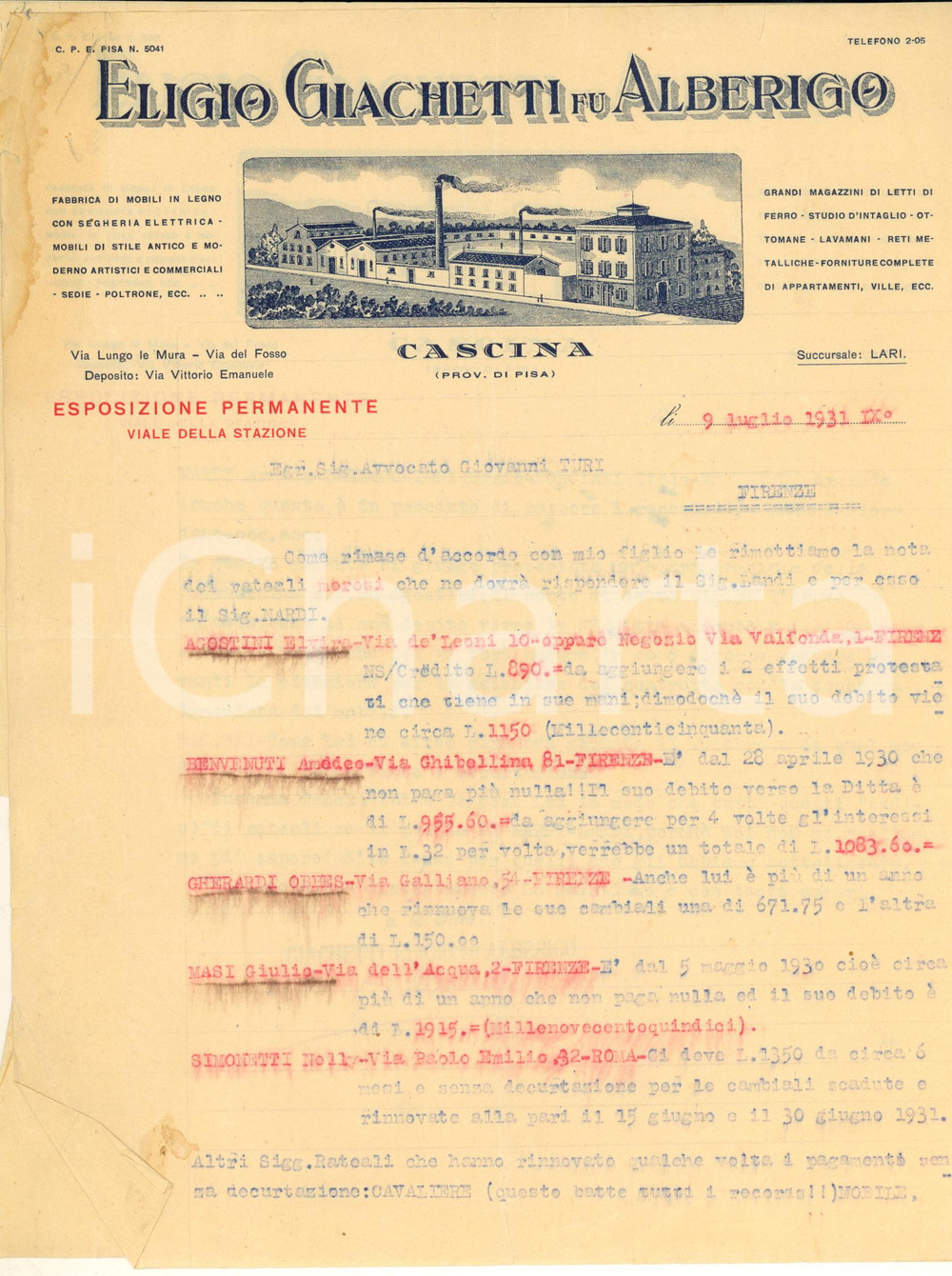 Documento originale, autentico 1931 CASCINA PI Eligio GIACHETTI Fabbrica mobili Lettera carta intestata 1
