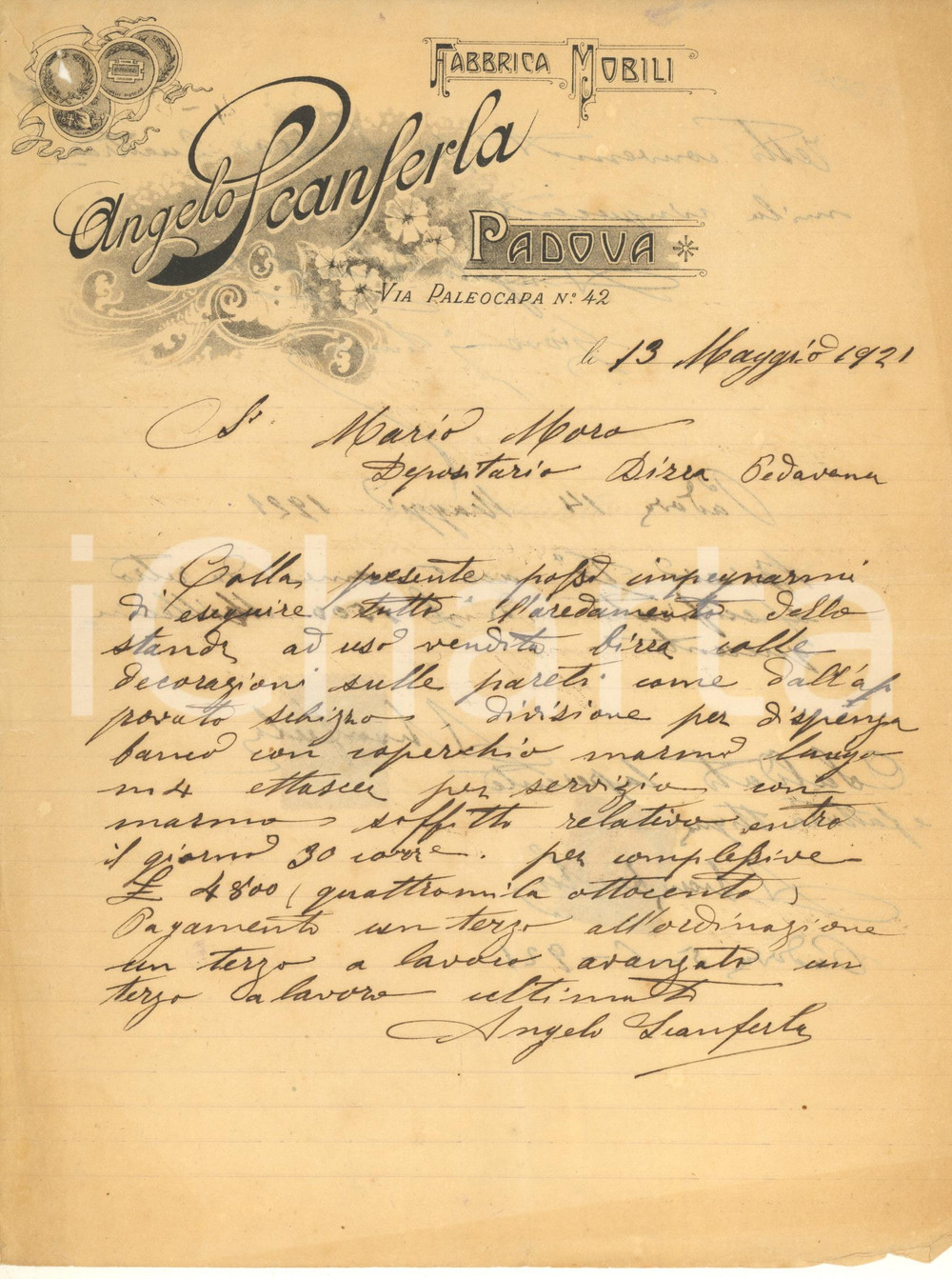 Documento originale, autentico 1921 PADOVA Via Paleocapa 42  Angelo SCANFERLA mobili Lettera commerciale 1