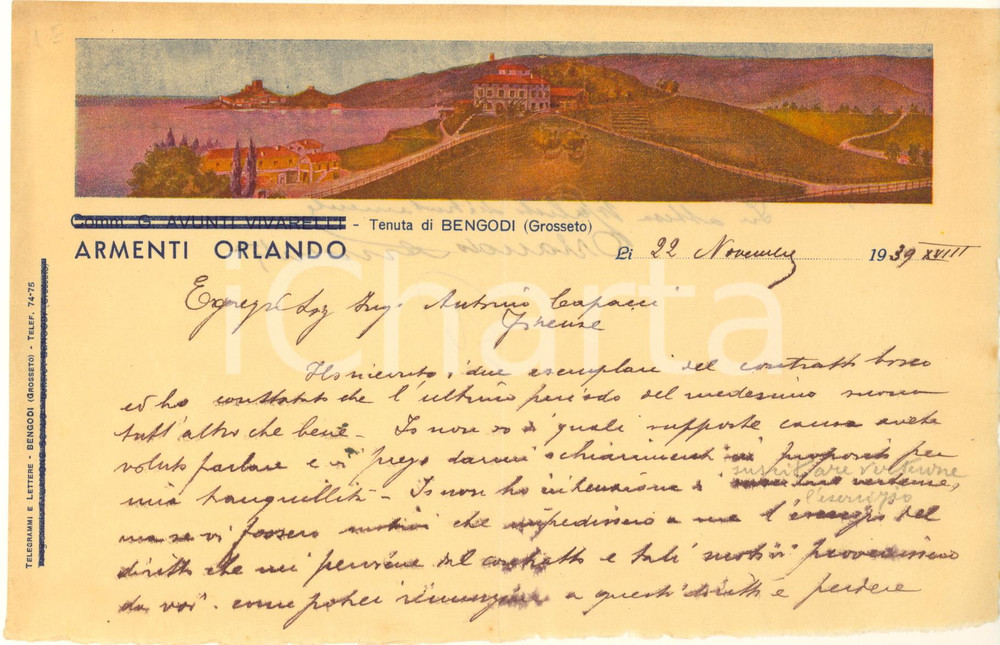 Documento originale, autentico 1939 Tenuta BENGODI / GROSSETO Lettera Orlando ARMENTI imprenditore Autografo 1