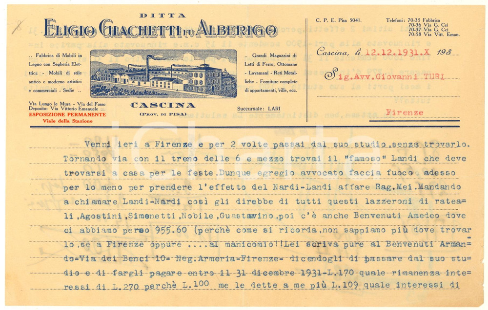 Documento originale, autentico 1931 CASCINA PI Eligio GIACHETTI Fabbrica mobili  Clienti morosi Lettera 1
