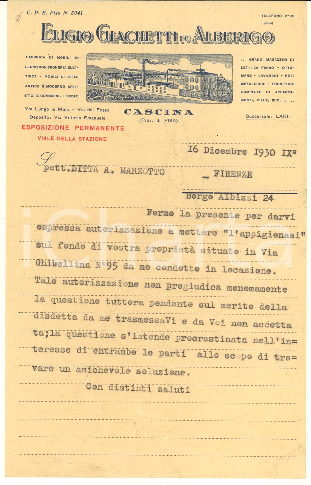 Documento originale, autentico 1930 CASCINA PI Eligio GIACHETTI Fabbrica mobili Lettera su carta intestata 1