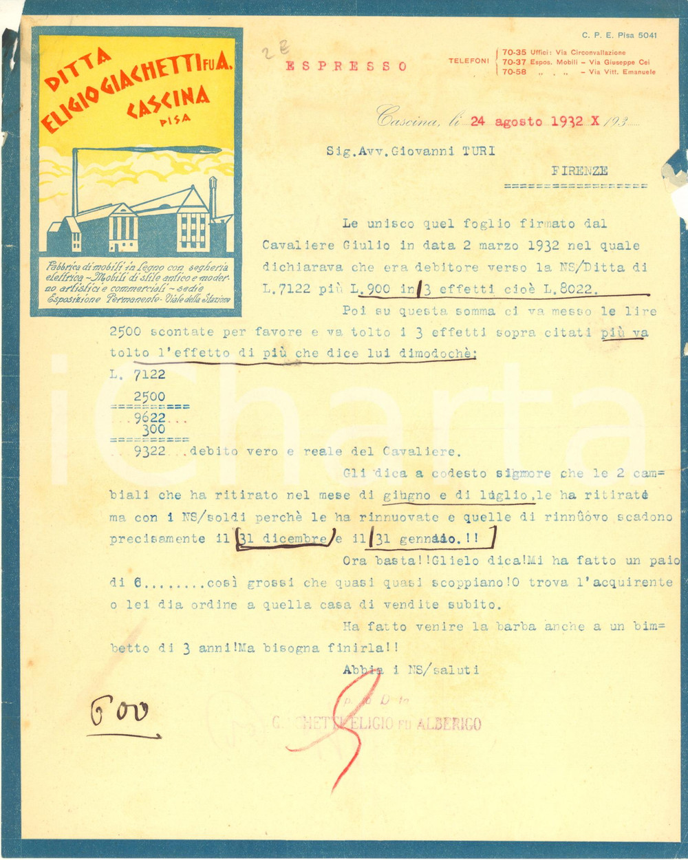 Documento originale, autentico 1932 CASCINA PI Eligio GIACHETTI Fabbrica mobili Lettera carta intestata 1