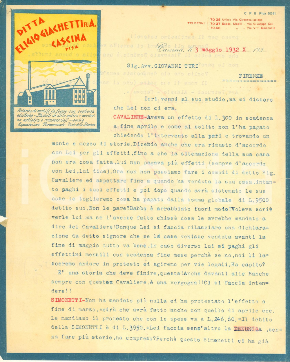 Documento originale, autentico 1932 CASCINA PI Eligio GIACHETTI Fabbrica mobili Lettera carta intestata 1
