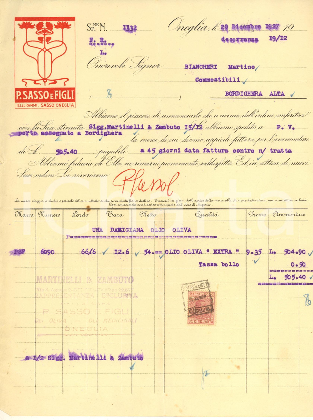 Documento originale, autentico 1927 IMPERIA ONEGLIA  Olio P. SASSO E FIGLI  Fattura su carta intestata 1