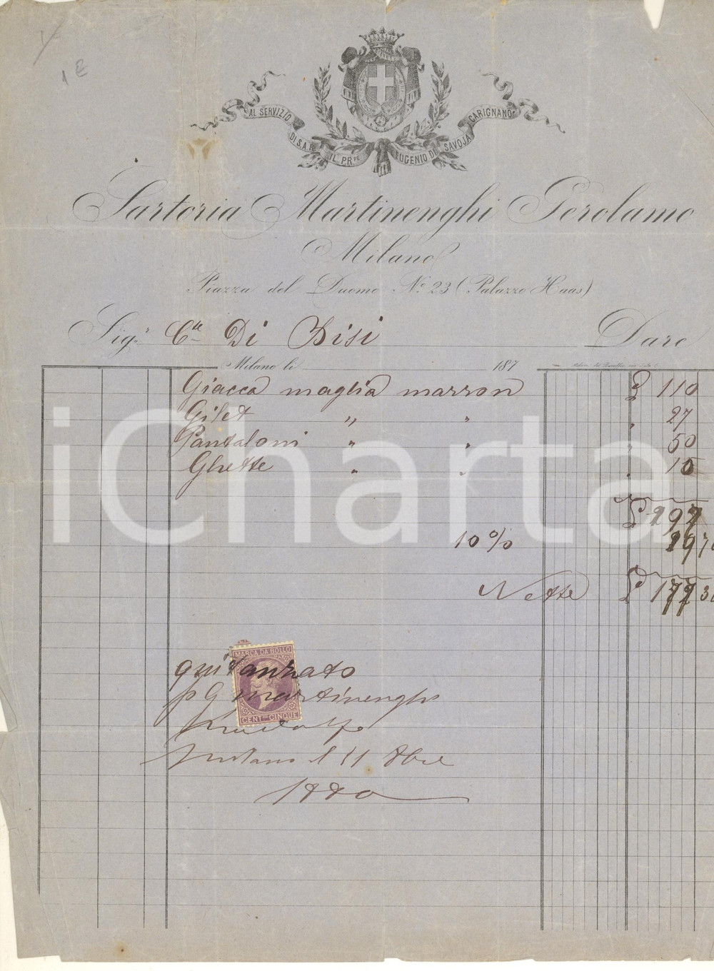 Documento originale, autentico 1880 MILANO Piazza Duomo 23  MARTINENGHI Gerolamo sartoria Fattura DANNEGGIATA 1