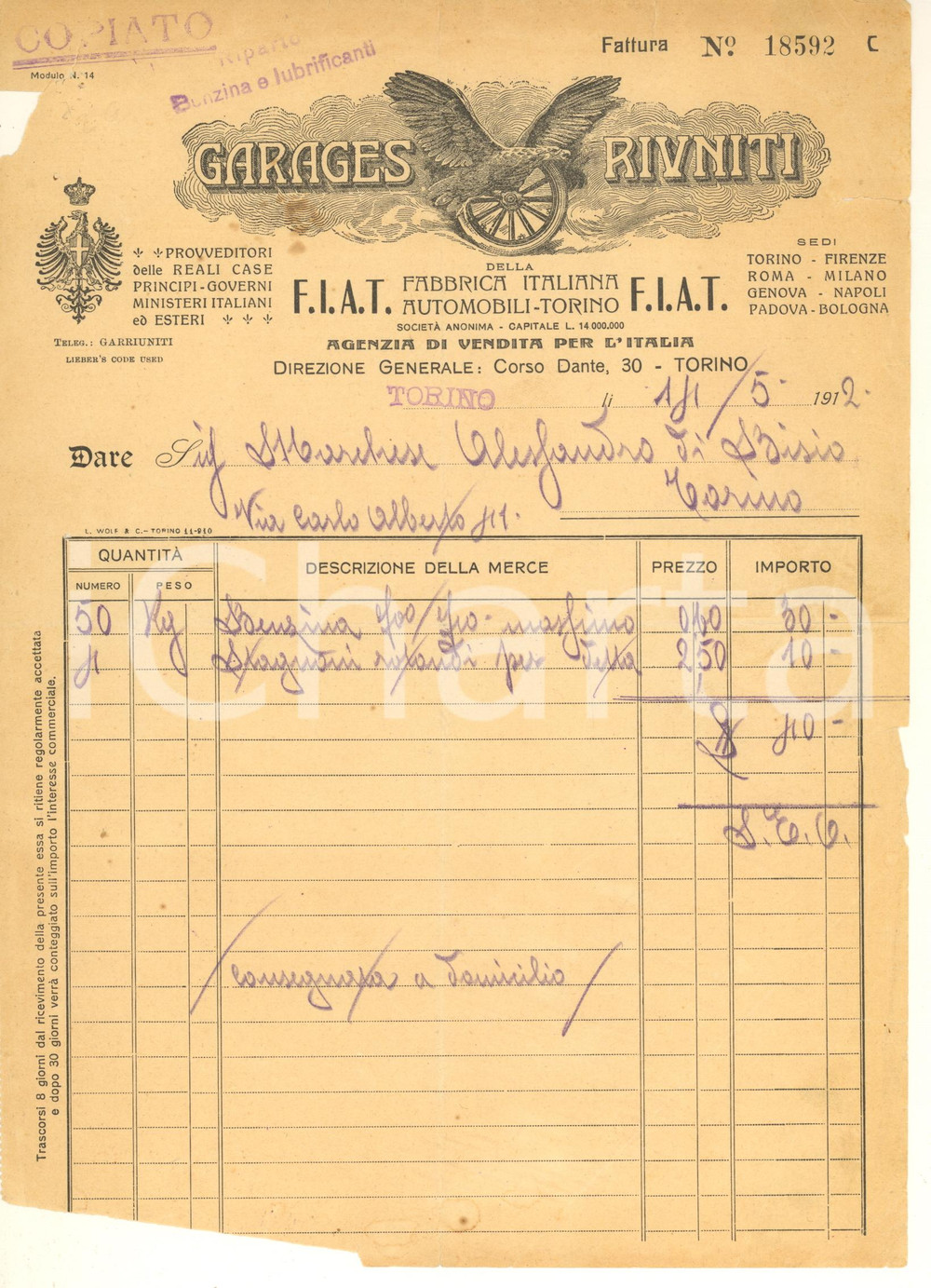 Documento originale, autentico 1912 TORINO Corso Dante 30  GARAGES RIUNITI FIAT  Fattura DANNEGGIATA 1
