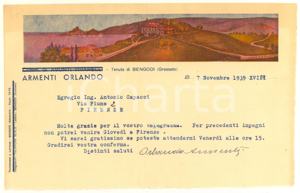 Documento originale, autentico 1939 Tenuta BENGODI / GROSSETO Lettera Orlando ARMENTI imprenditore Autografo 1