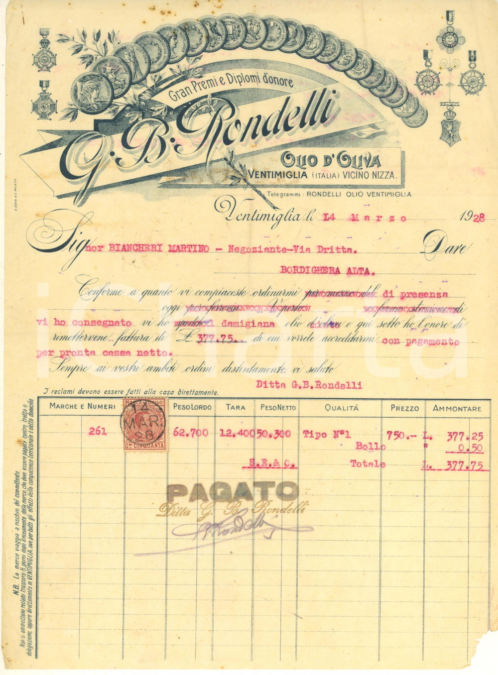 Documento originale, autentico 1928 VENTIMIGLIA G. B. RONDELLI Olio d oliva  Fattura su carta intestata 1