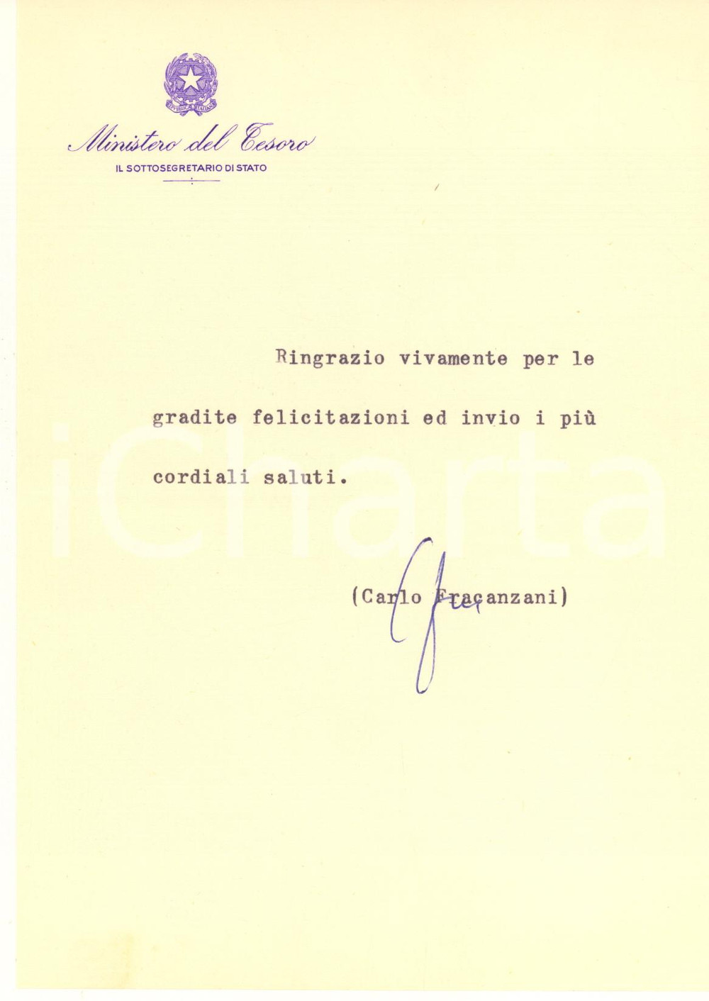 Autografo originale 1980 Lettera on. Carlo FRACANZANI  Sottosegretario al Tesoro Autografo 1