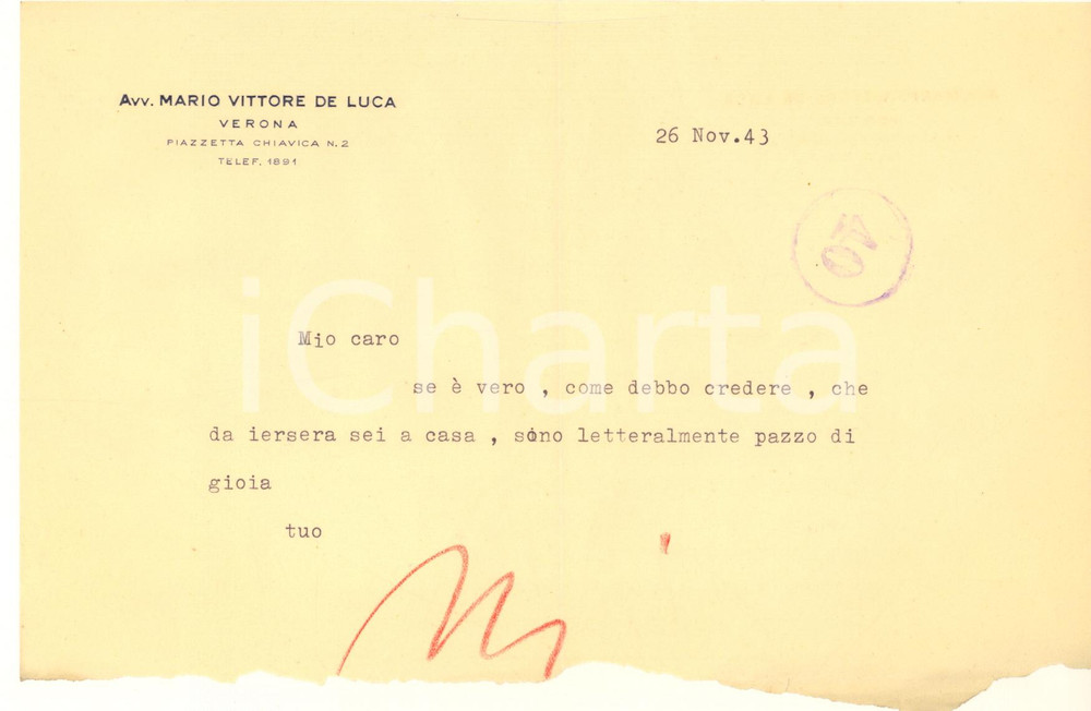 Autografo originale 1943 VERONA Lettera avv. Mario Vittore DE LUCA a un amico  Autografo 1