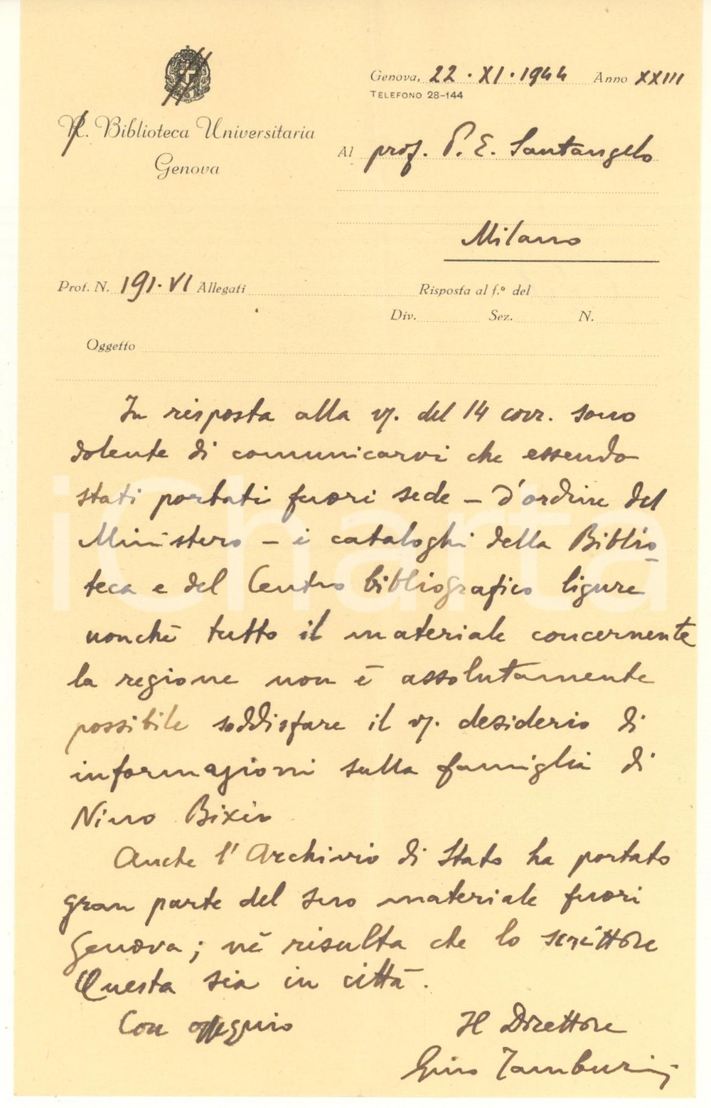 Autografo originale 1944 GENOVA Biblioteca Universitaria  Gino TAMBURINI direttore  Autografo 1