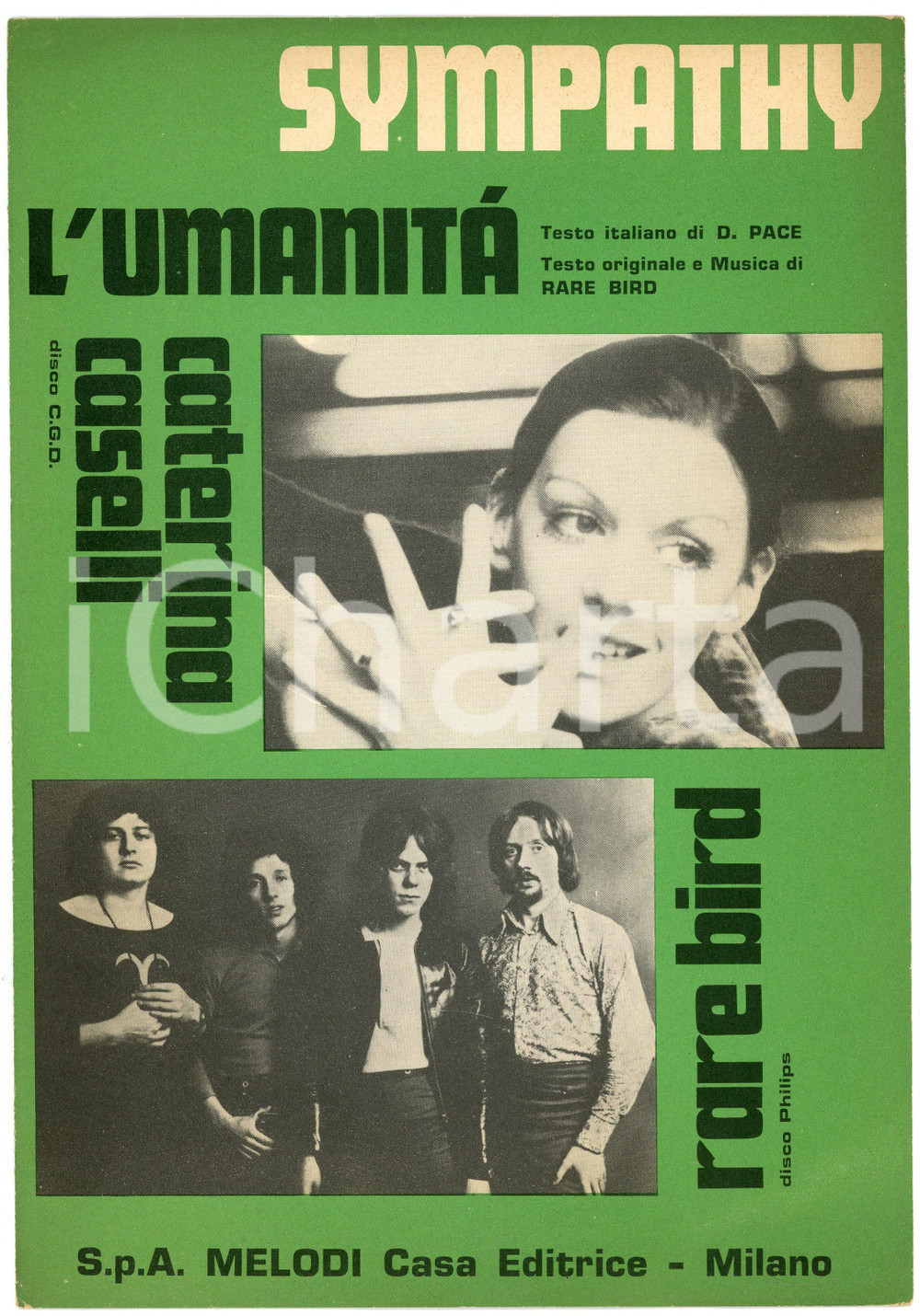 Oggetto da collezione cartaceo 1970 SYMPATHY / L UMANITÀ dei RARE BIRD e Caterina CASELLI Spartito MELODI 1
