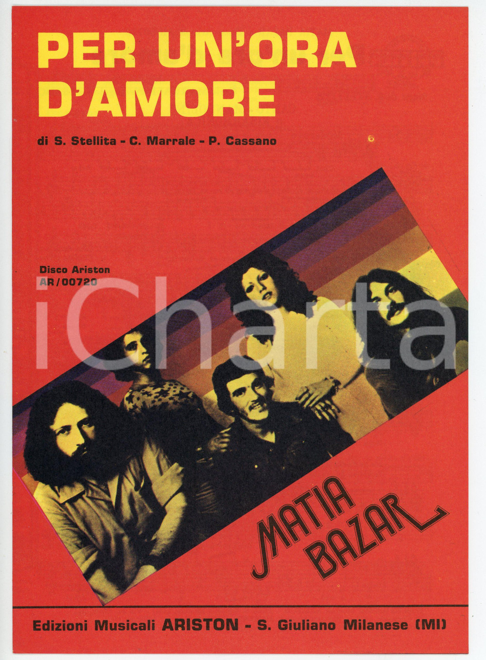 Oggetto da collezione cartaceo 1976 MATIA BAZAR Per un ora d amore  Edizioni musicali ARISTON Spartito 1
