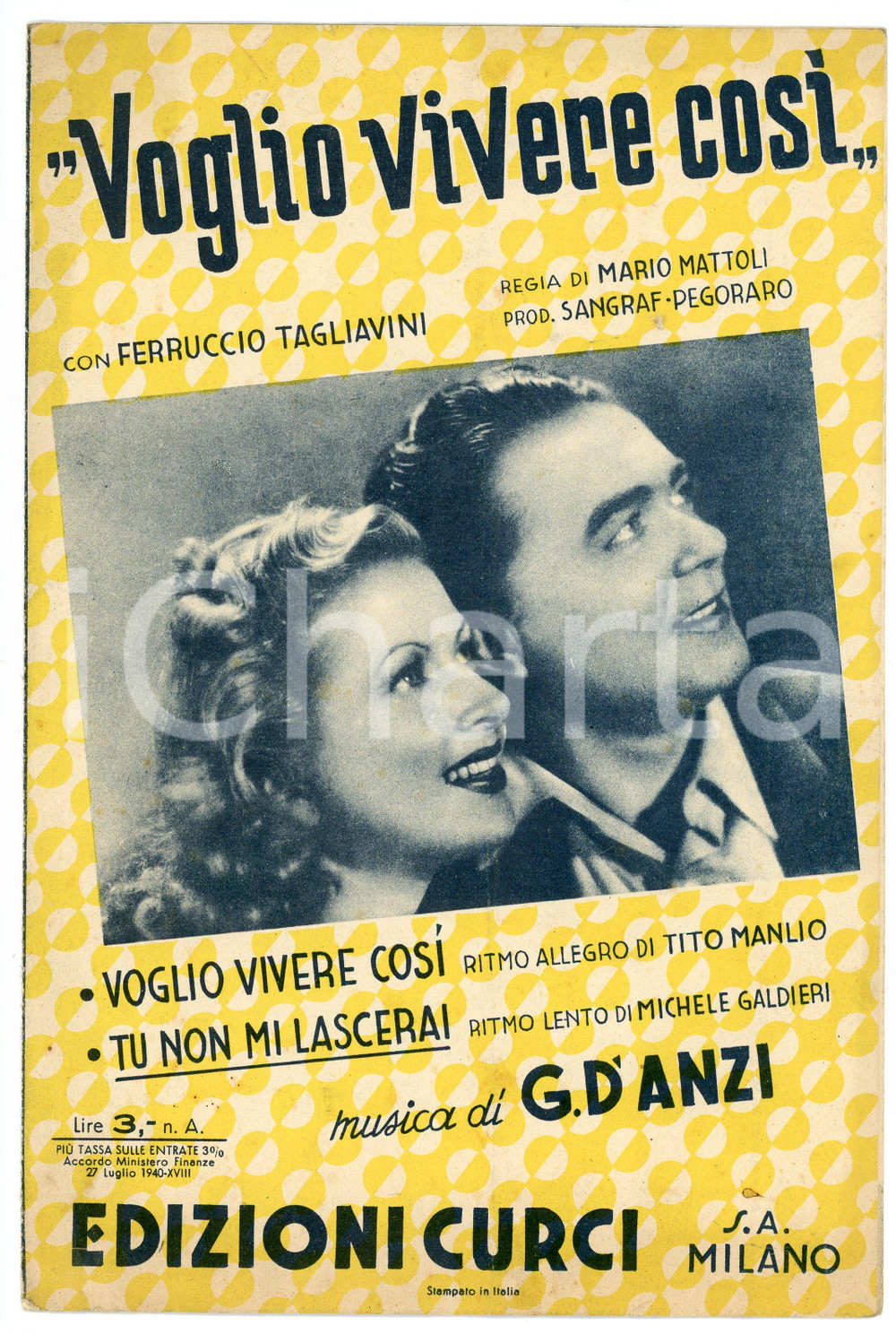 Oggetto da collezione cartaceo 1942 Ferruccio TAGLIAVINI Voglio vivere così  Edizioni CURCI Spartito 1 1