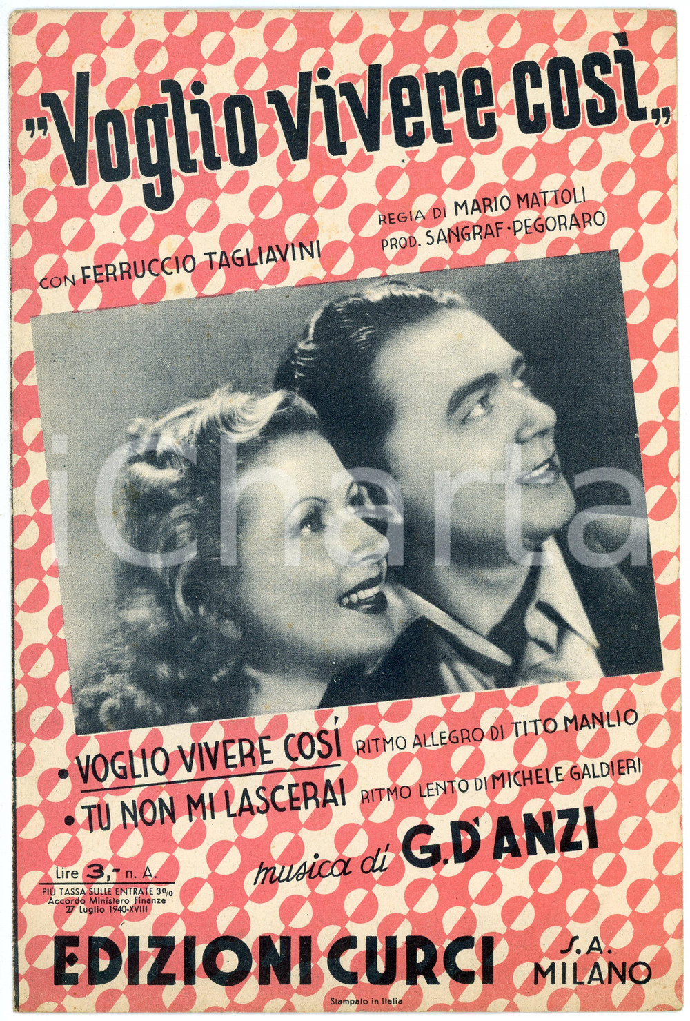 Oggetto da collezione cartaceo 1942 Ferruccio TAGLIAVINI Voglio vivere così  Edizioni CURCI Spartito 1