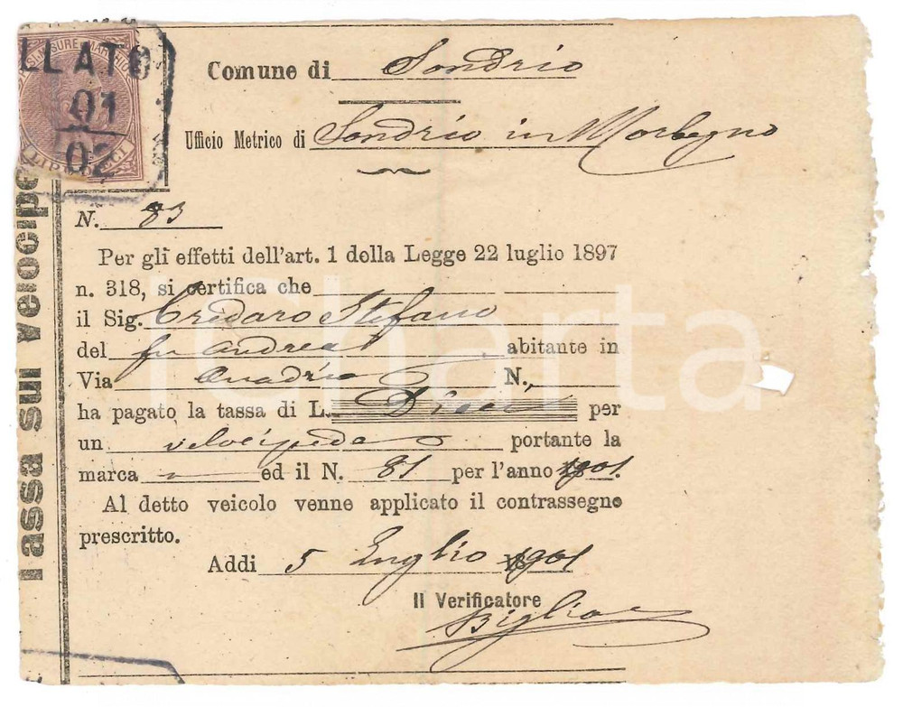 Documento originale, autentico 1901 MORBEGNO SO Tassa sui velocipedi  Stefano Credaro Ricevuta 1